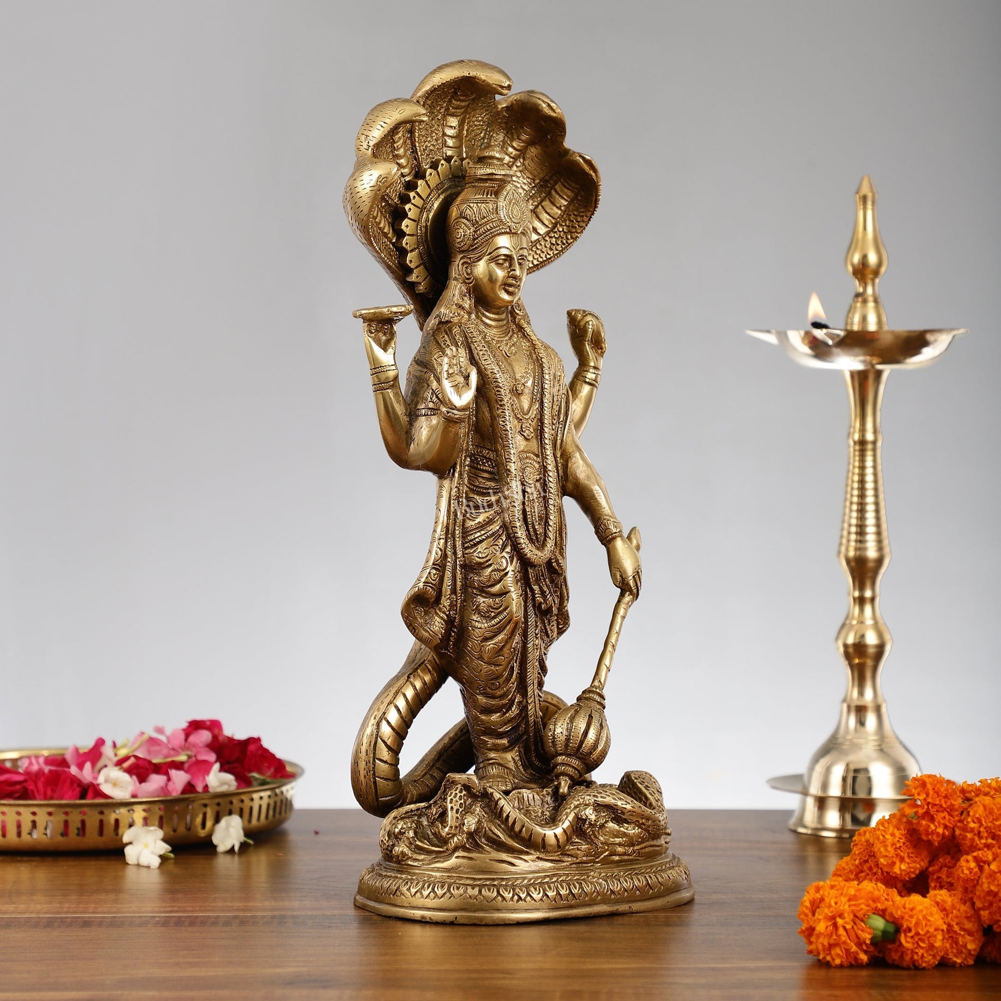 Elegant 17 Inch Brass Lord Vishnu Standing Idol with Sheshanaag Crown