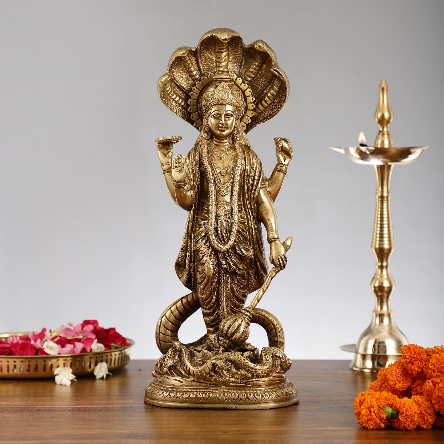 Elegant 17 Inch Brass Lord Vishnu Standing Idol with Sheshanaag Crown
