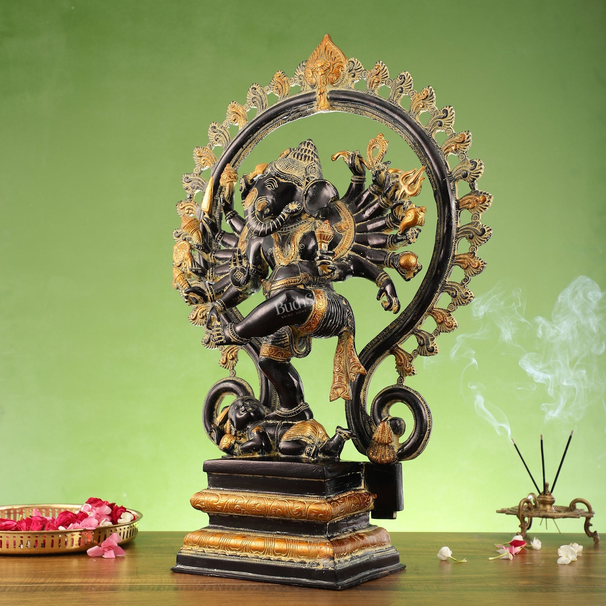 Dancing Ganesha Brass Statue with 16 Arms | 26 inch.
