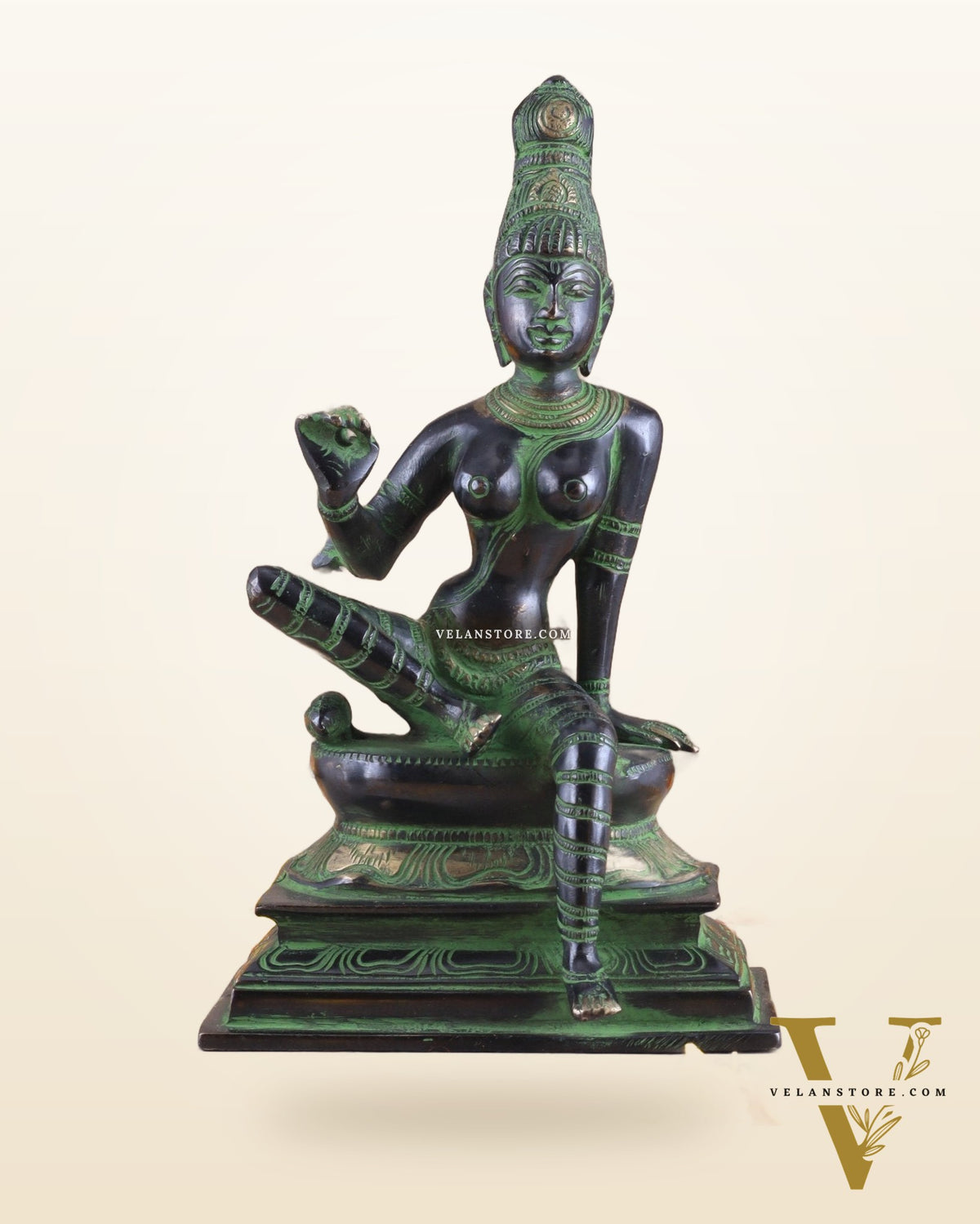 Elegant Bhoga Shakti Pure Brass Seated Parvati Idol – 9 Inch Height black and green tone