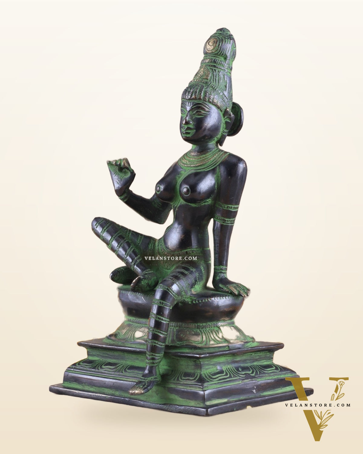 Elegant Bhoga Shakti Pure Brass Seated Parvati Idol – 9 Inch Height black and green tone