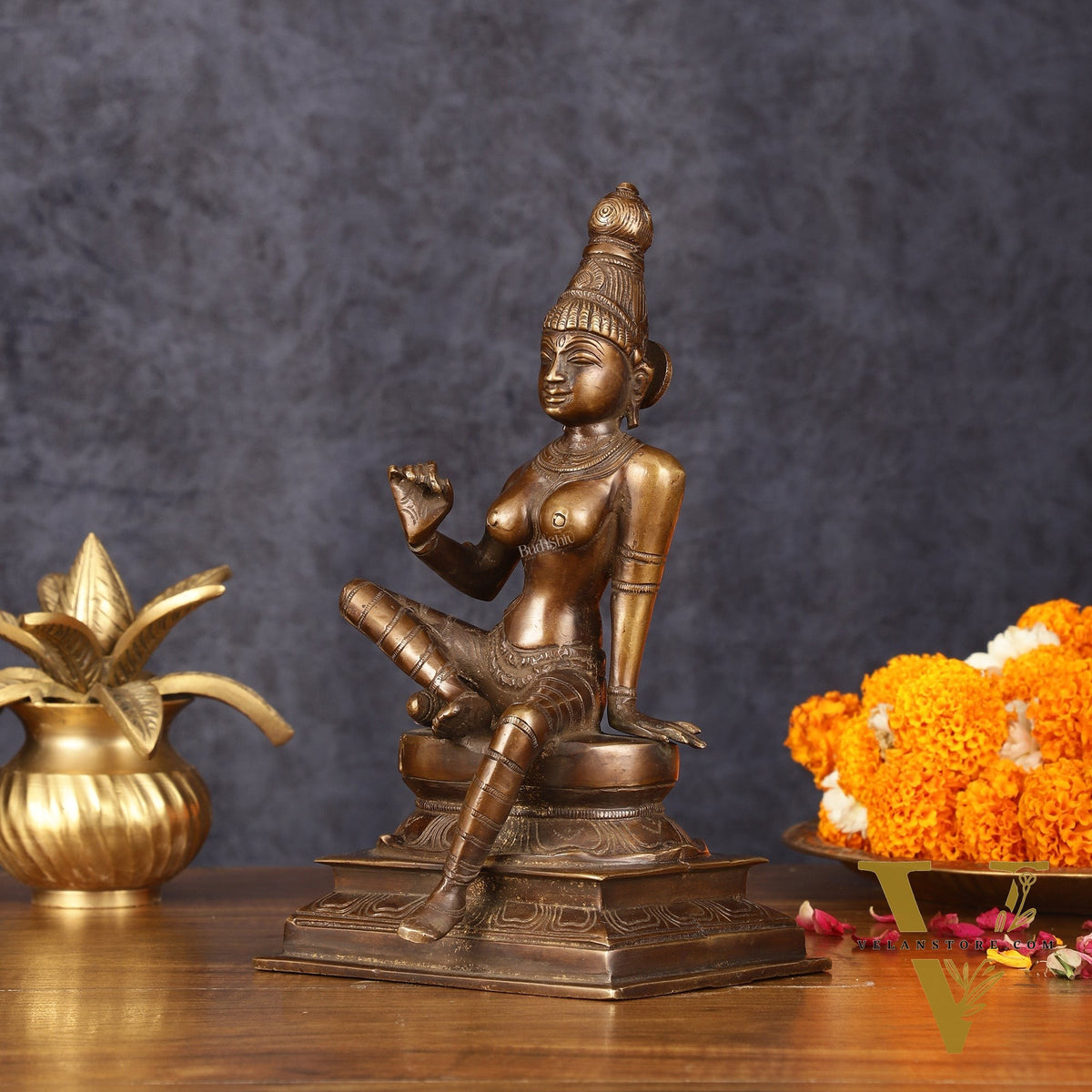 Elegant Bhoga Shakti Pure Brass Seated Parvati Idol – 9 Inch Height