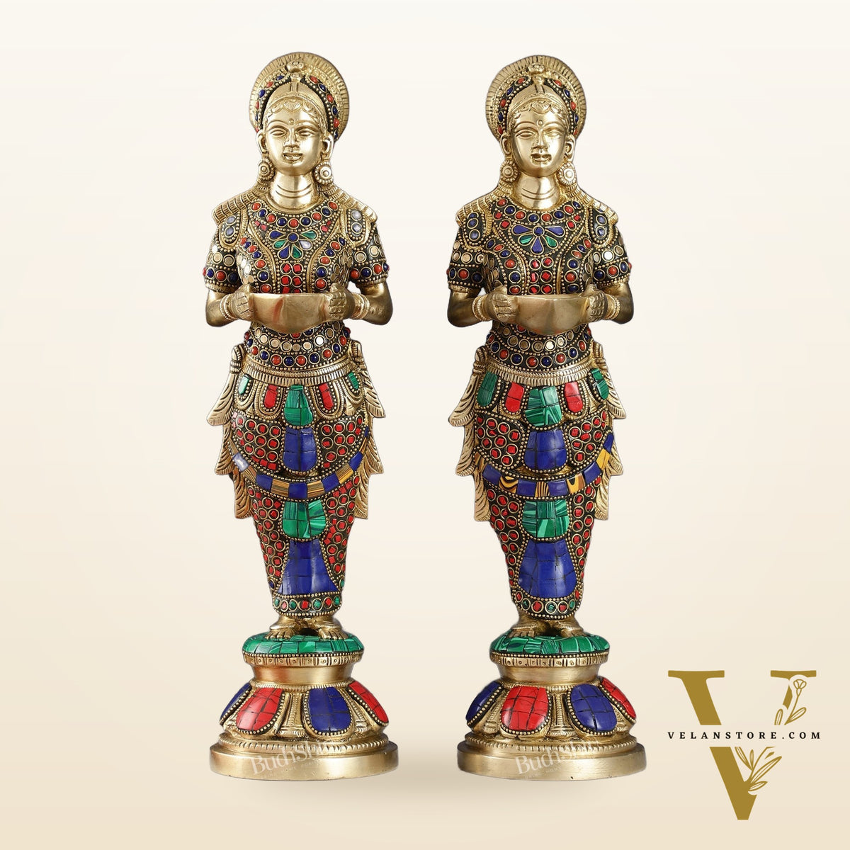 Elegant Brass Deep Lakshmi Pair Pavaai Vilakku with Stonework | 14" Height