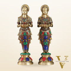 Elegant Brass Deep Lakshmi Pair Pavaai Vilakku with Stonework | 14" Height