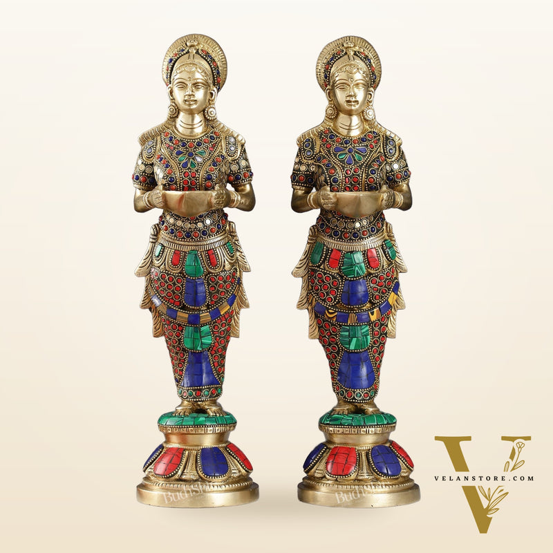 Elegant Brass Deep Lakshmi Pair Pavaai Vilakku with Stonework | 14" Height
