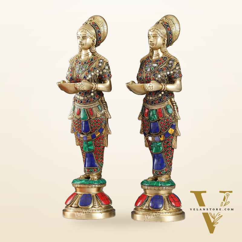 Elegant Brass Deep Lakshmi Pair Pavaai Vilakku with Stonework | 14" Height