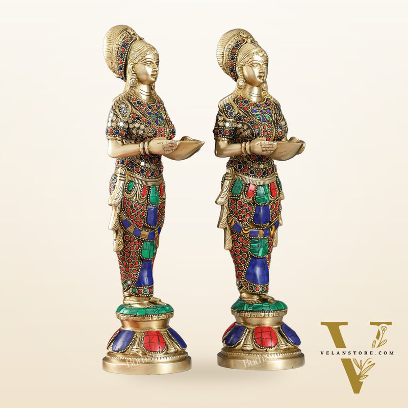 Elegant Brass Deep Lakshmi Pair Pavaai Vilakku with Stonework | 14" Height