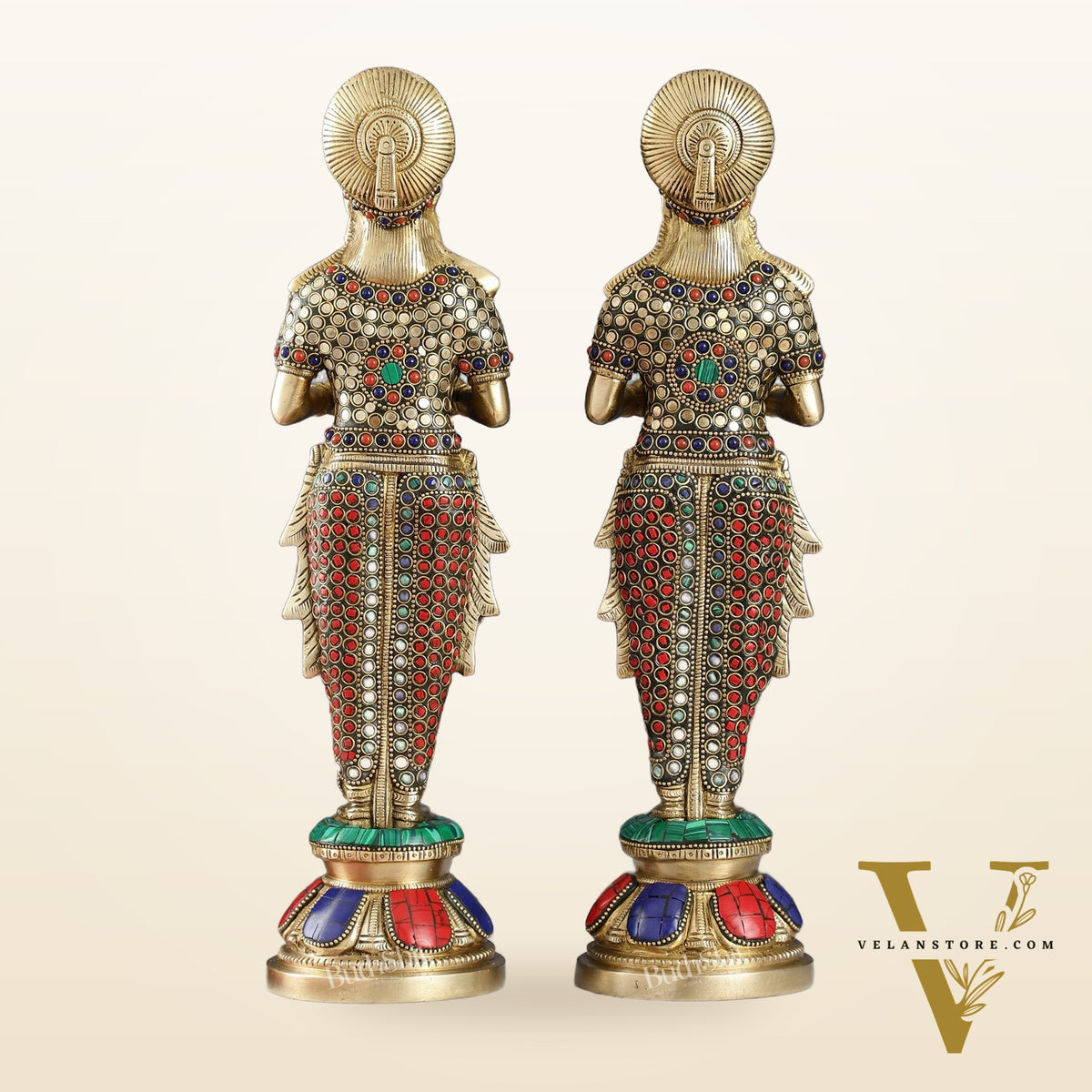 Elegant Brass Deep Lakshmi Pair Pavaai Vilakku with Stonework | 14" Height