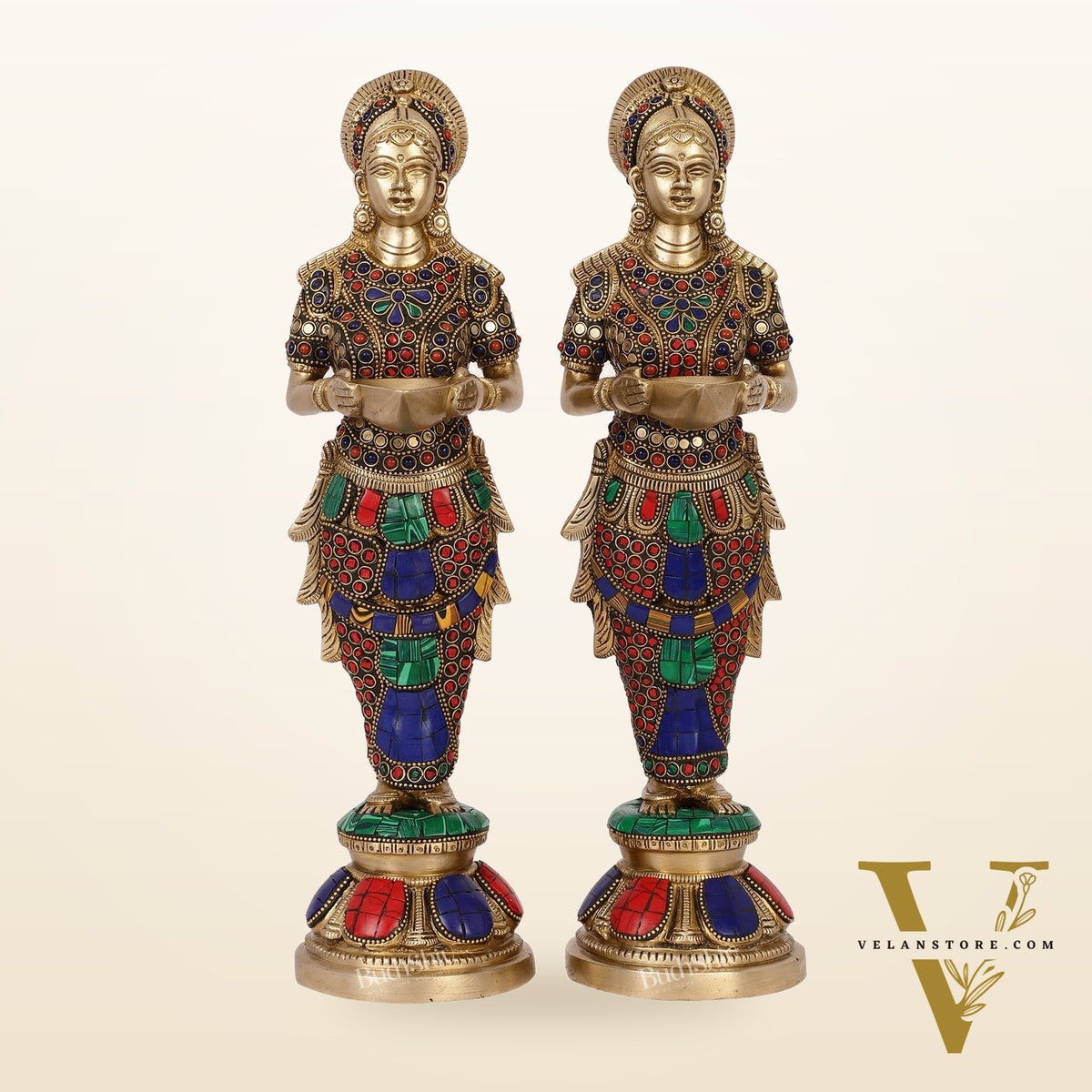 Elegant Brass Deep Lakshmi Pair Pavaai Vilakku with Stonework | 14" Height