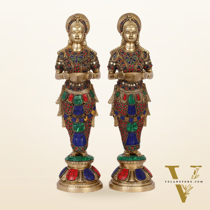 Elegant Brass Deep Lakshmi Pair Pavaai Vilakku with Stonework | 14" Height
