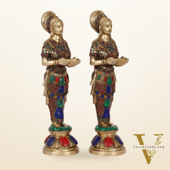 Elegant Brass Deep Lakshmi Pair Pavaai Vilakku with Stonework | 14" Height