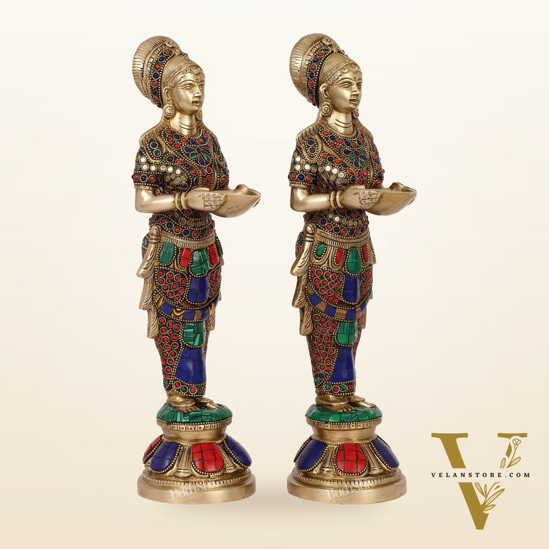 Elegant Brass Deep Lakshmi Pair Pavaai Vilakku with Stonework | 14" Height