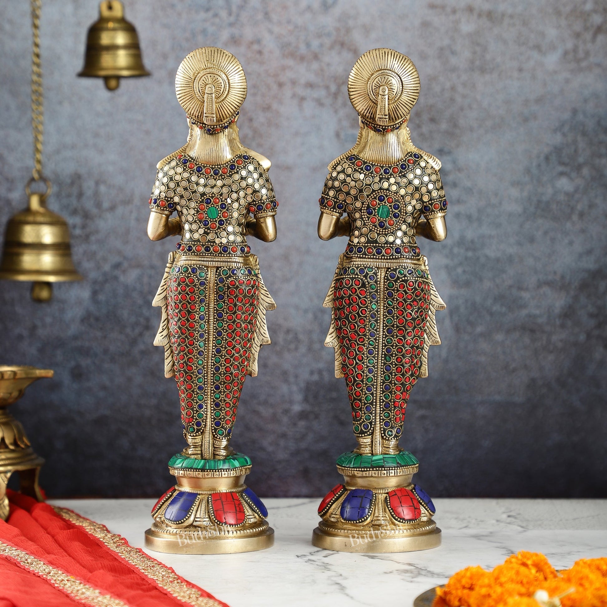 Elegant Brass Deep Lakshmi Pair Pavaai Vilakku with Stonework | 14" Height