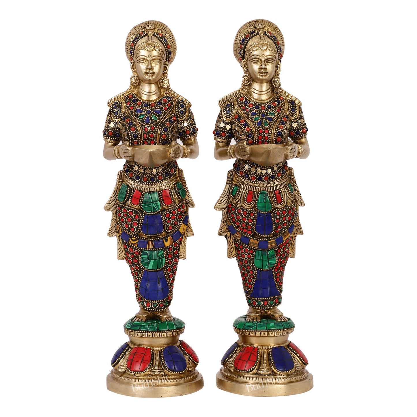 Elegant Brass Deep Lakshmi Pair Pavaai Vilakku with Stonework | 14" Height