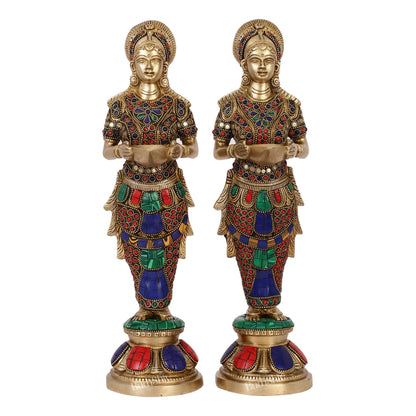 Elegant Brass Deep Lakshmi Pair Pavaai Vilakku with Stonework | 14" Height