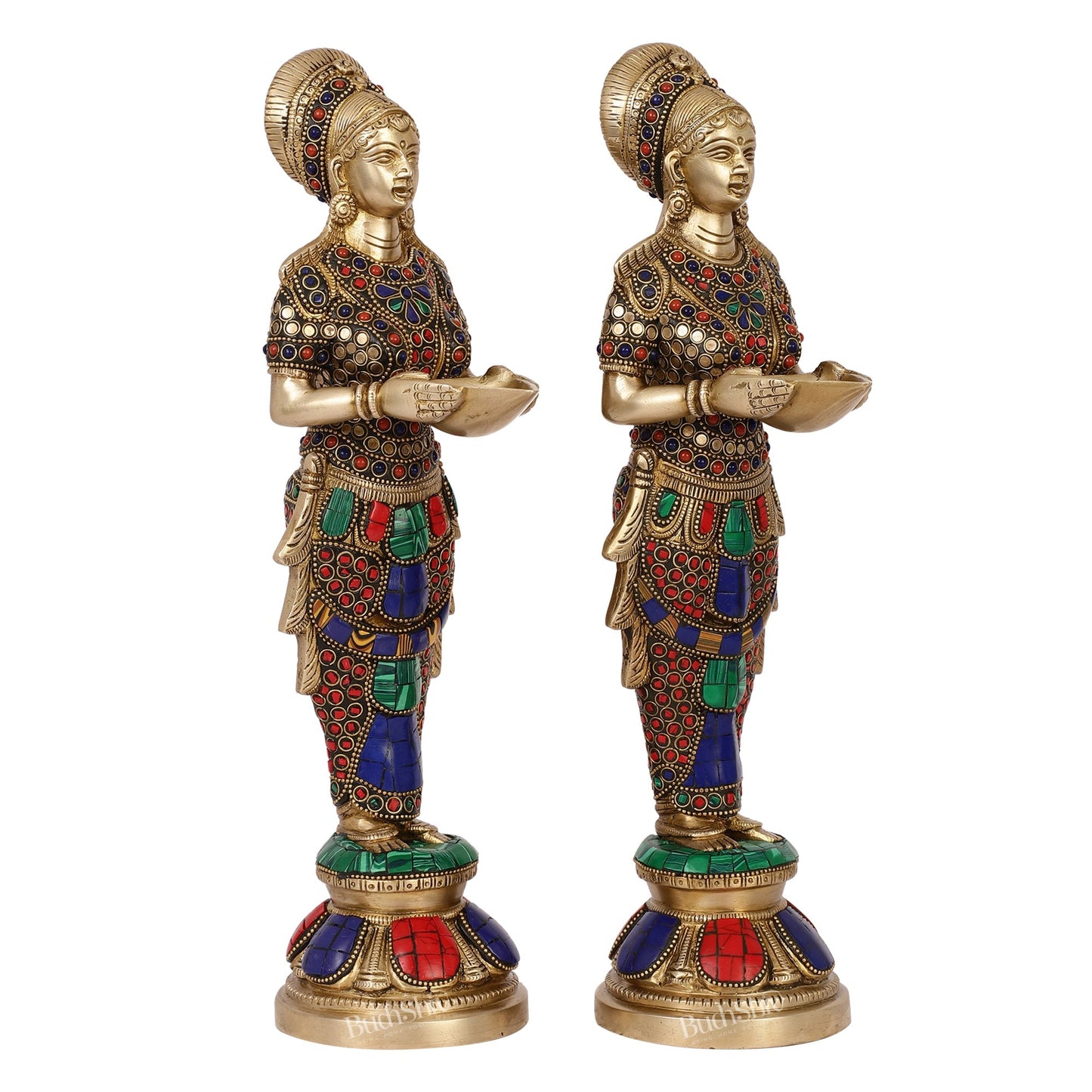 Elegant Brass Deep Lakshmi Pair Pavaai Vilakku with Stonework | 14" Height