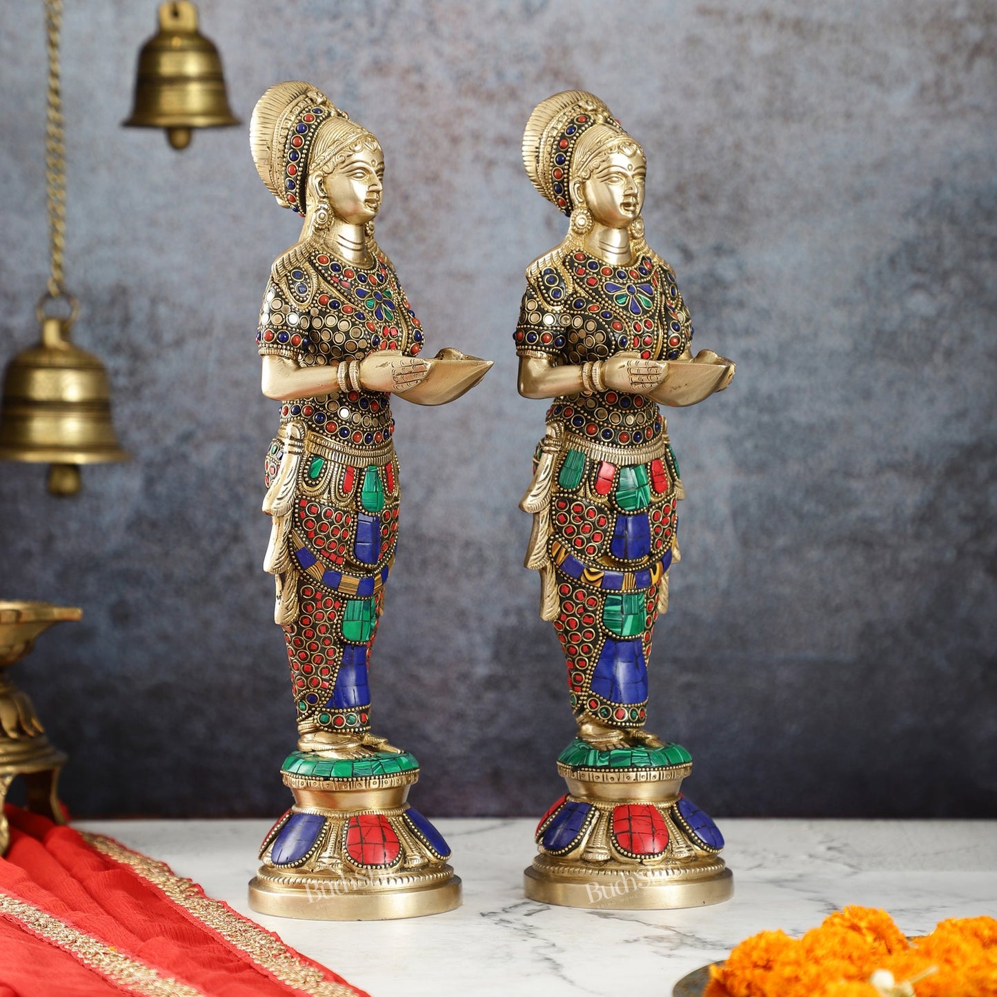 Elegant Brass Deep Lakshmi Pair Pavaai Vilakku with Stonework | 14" Height