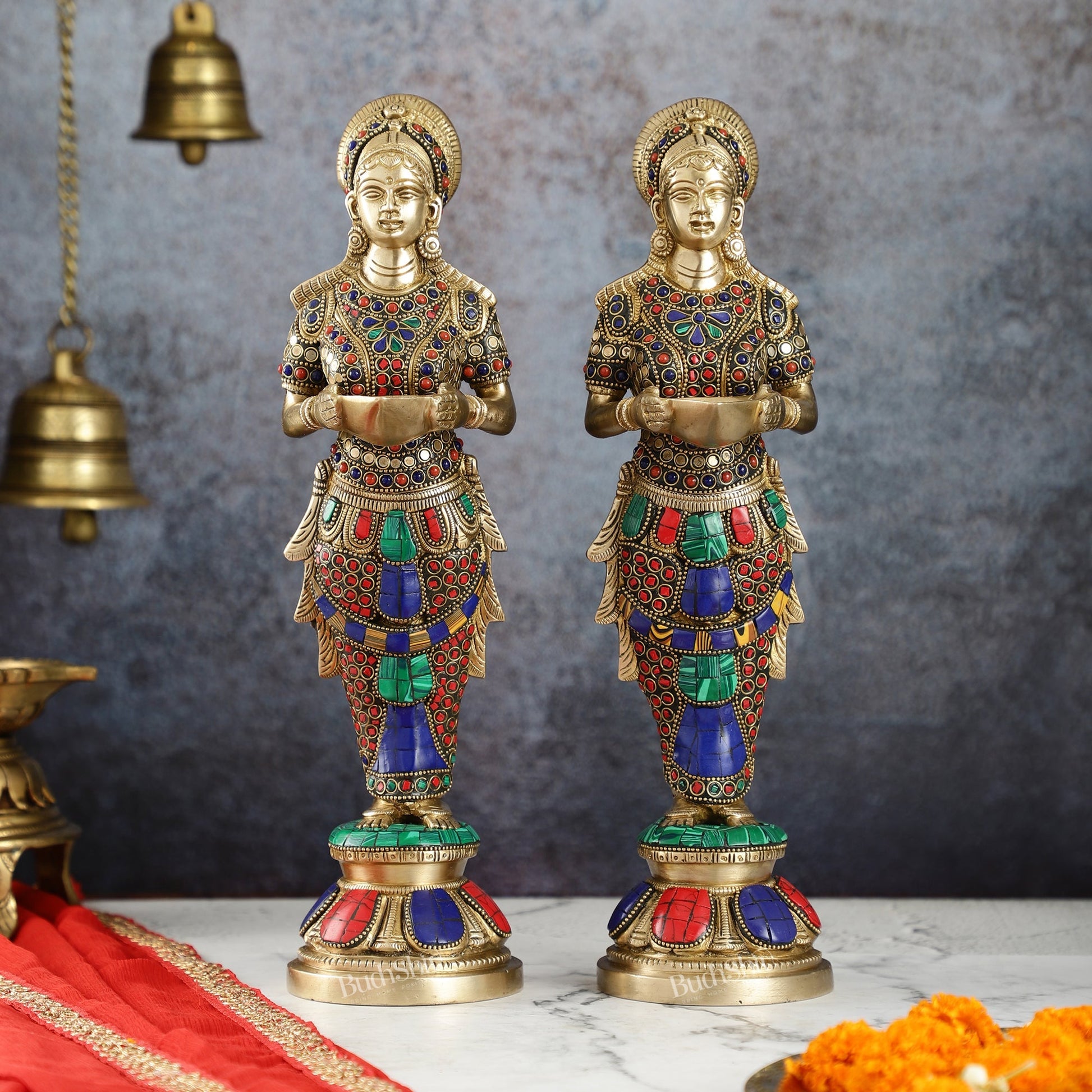 Elegant Brass Deep Lakshmi Pair Pavaai Vilakku with Stonework | 14" Height