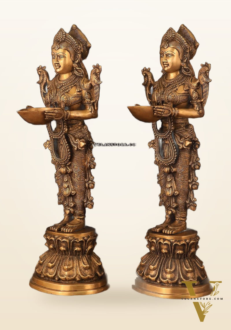 Elegant Brass Deep Lakshmi Welcome Statues – 25" Height