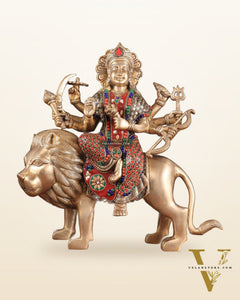 Elegant Brass Durga Mata sherawali ma Statue 12 Inch | durga ma with stonework