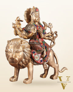 Elegant Brass Durga Mata sherawali ma Statue 12 Inch | durga ma with stonework