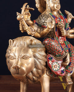 Elegant Brass Durga Mata sherawali ma Statue 12 Inch | durga ma with stonework