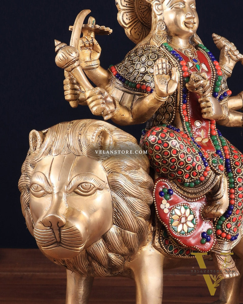 Elegant Brass Durga Mata sherawali ma Statue 12 Inch | durga ma with stonework