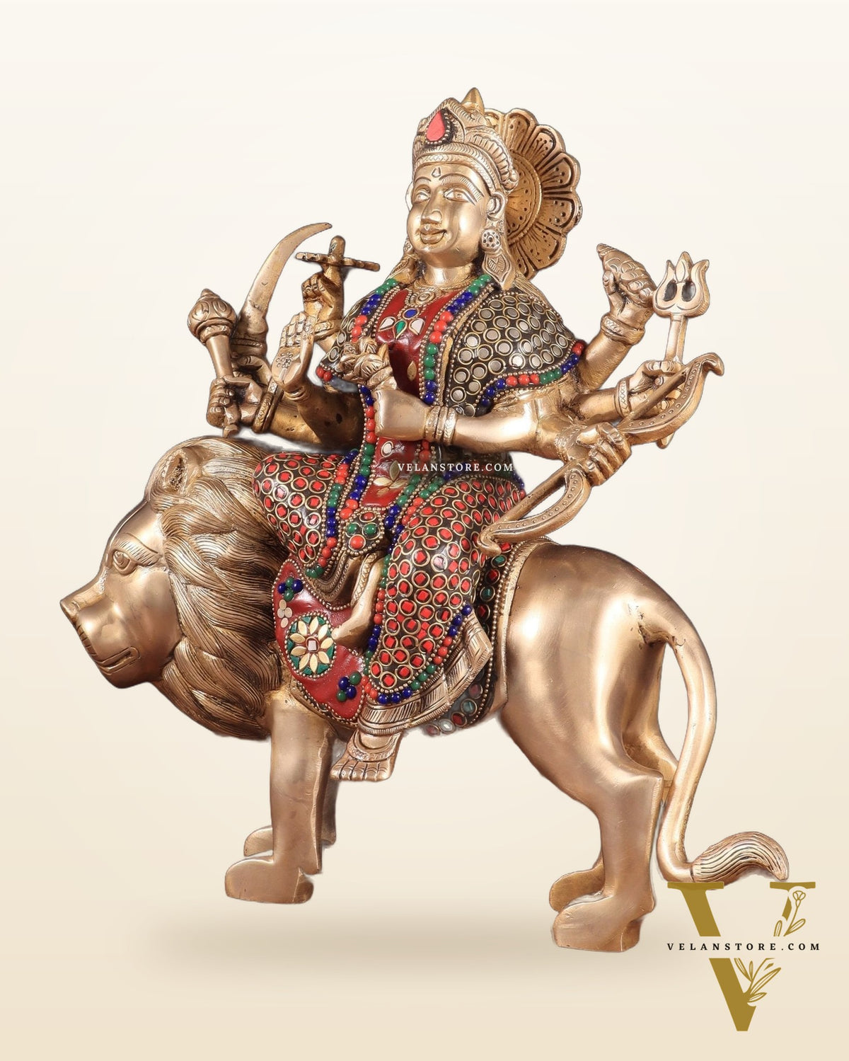 Elegant Brass Durga Mata sherawali ma Statue 12 Inch | durga ma with stonework