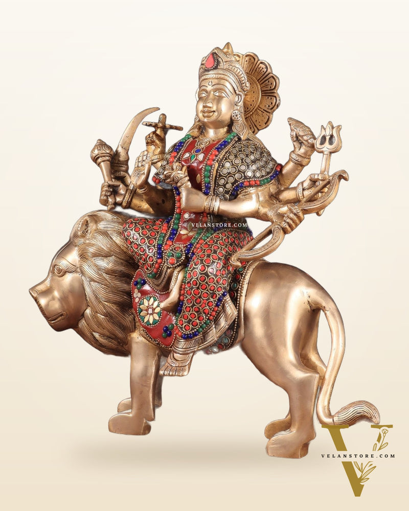 Elegant Brass Durga Mata sherawali ma Statue 12 Inch | durga ma with stonework