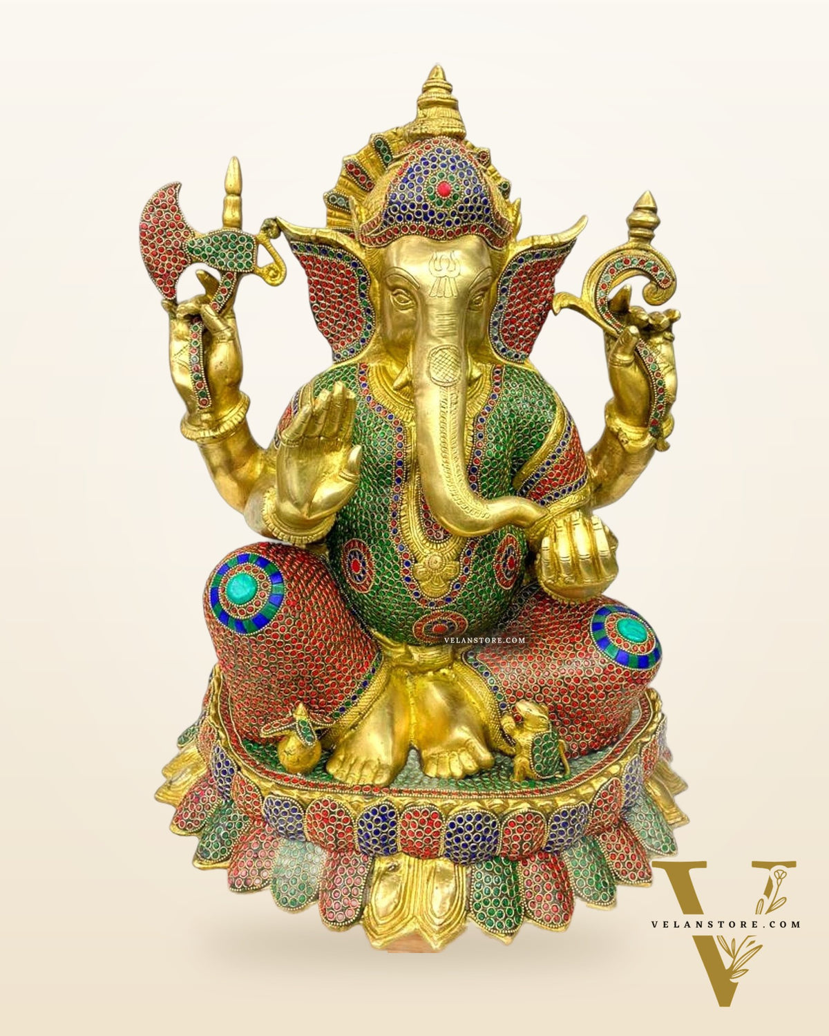Elegant Brass Ganapati on Lotus Base with Stonework - 22" Height
