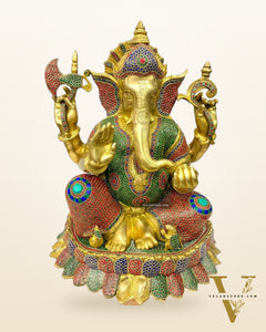 Elegant Brass Ganapati on Lotus Base with Stonework - 22" Height