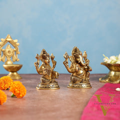 Elegant Brass Ganesha and Lakshmi Idols Pair | Height 4 inch