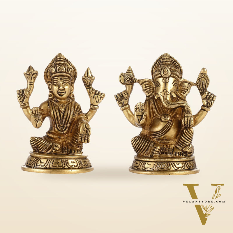 Elegant Brass Ganesha and Lakshmi Idols Pair | Height 4 inch