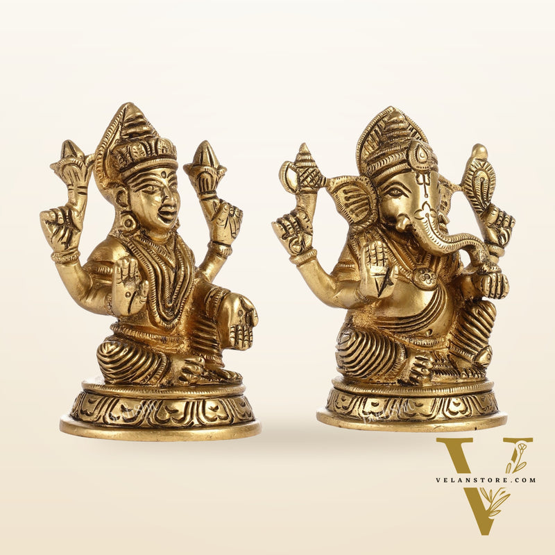 Elegant Brass Ganesha and Lakshmi Idols Pair | Height 4 inch