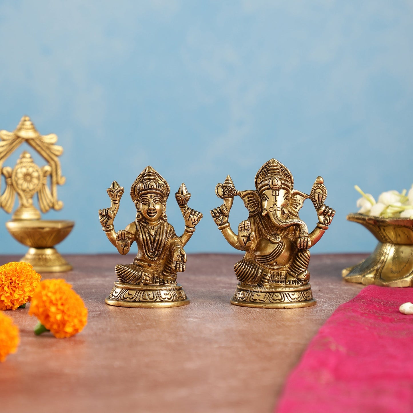 Elegant Brass Ganesha and Lakshmi Idols Pair | Height 4 inch