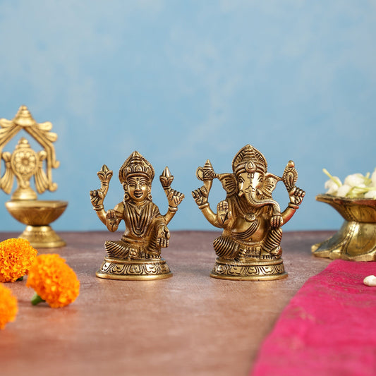 Elegant Brass Ganesha and Lakshmi Idols Pair | Height 4 inch