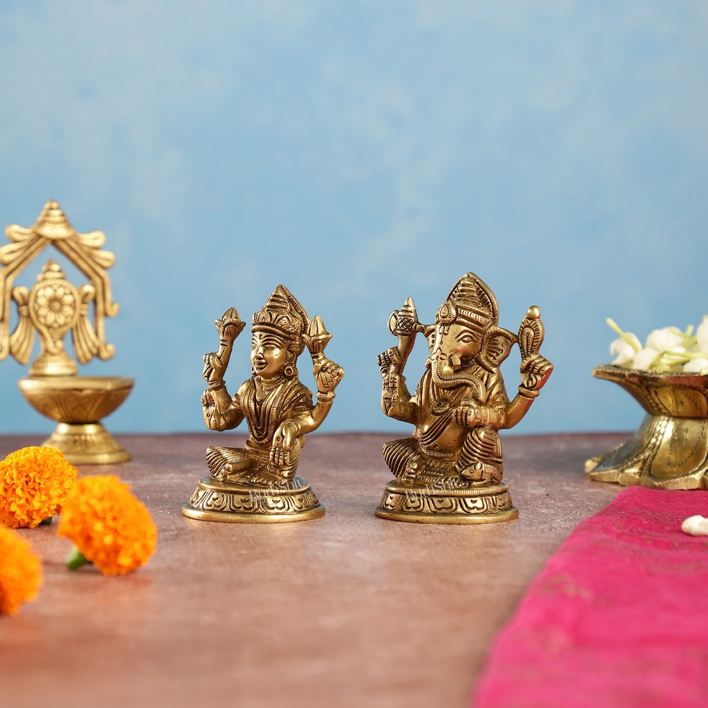 Elegant Brass Ganesha and Lakshmi Idols Pair | Height 4 inch
