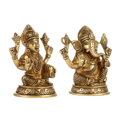 Elegant Brass Ganesha and Lakshmi Idols Pair | Height 4 inch
