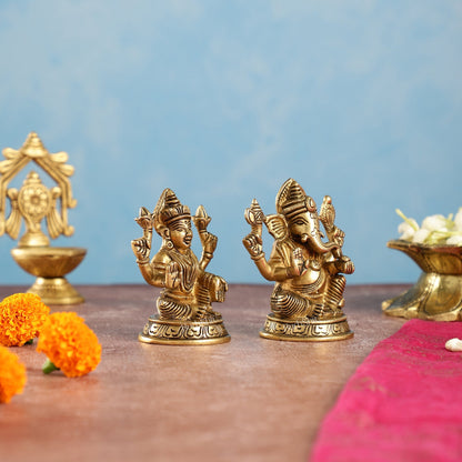 Elegant Brass Ganesha and Lakshmi Idols Pair | Height 4 inch