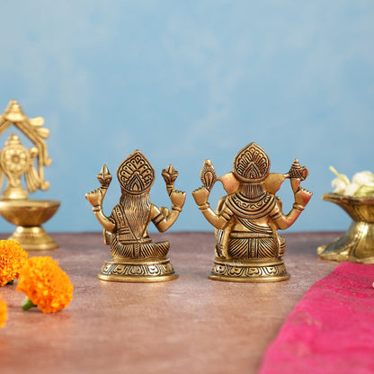 Elegant Brass Ganesha and Lakshmi Idols Pair | Height 4 inch