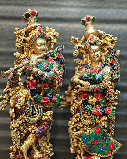 Elegant Brass Handcrafted Radha Krishna Idols - 30" Tall, 35 kg Pair