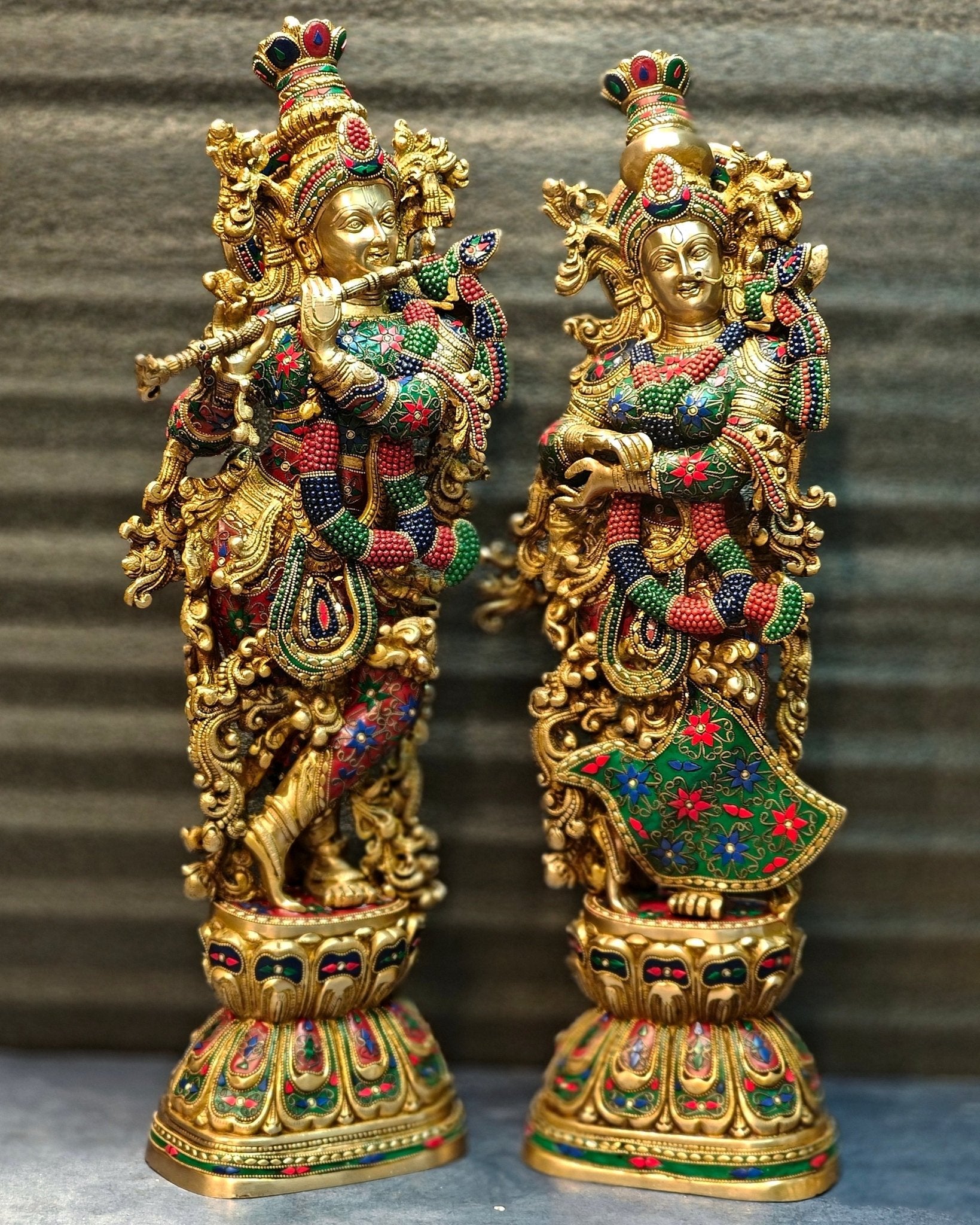 Elegant Brass Handcrafted Radha Krishna Idols - 30" Tall, 35 kg Pair