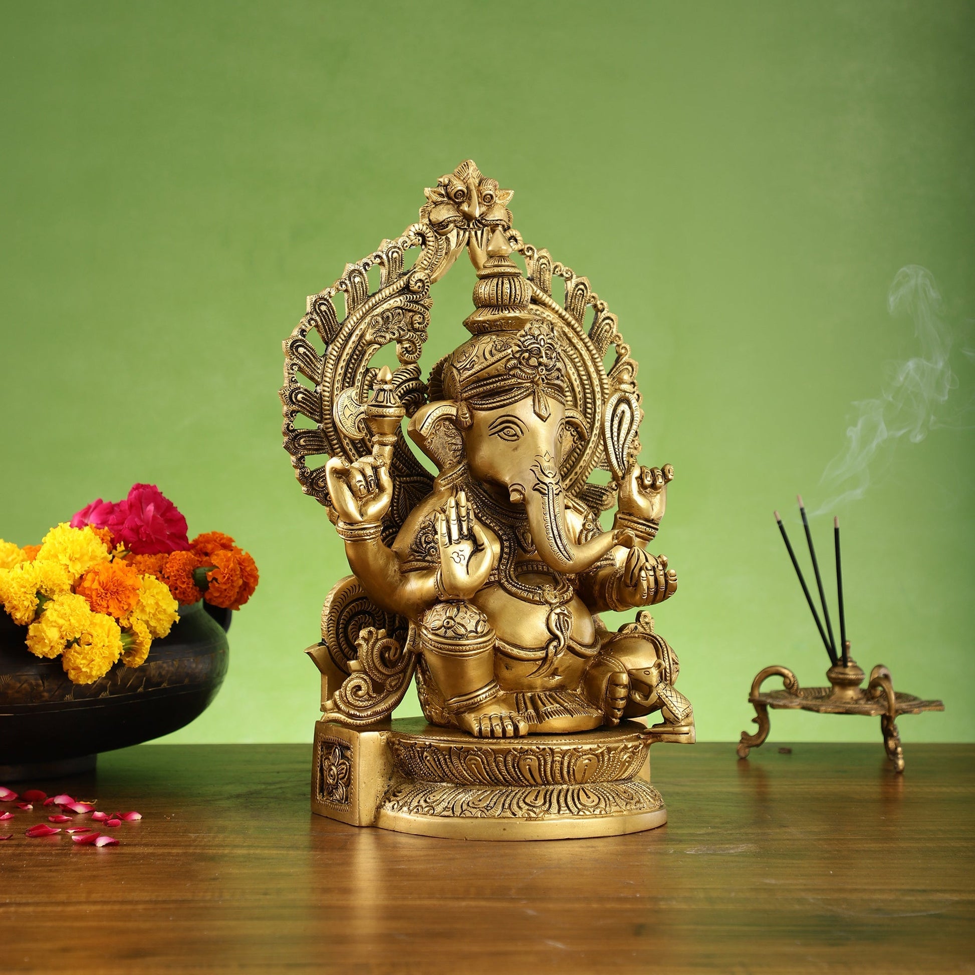 Elegant Brass Lord Ganesha Statue with Frame - 15 inch