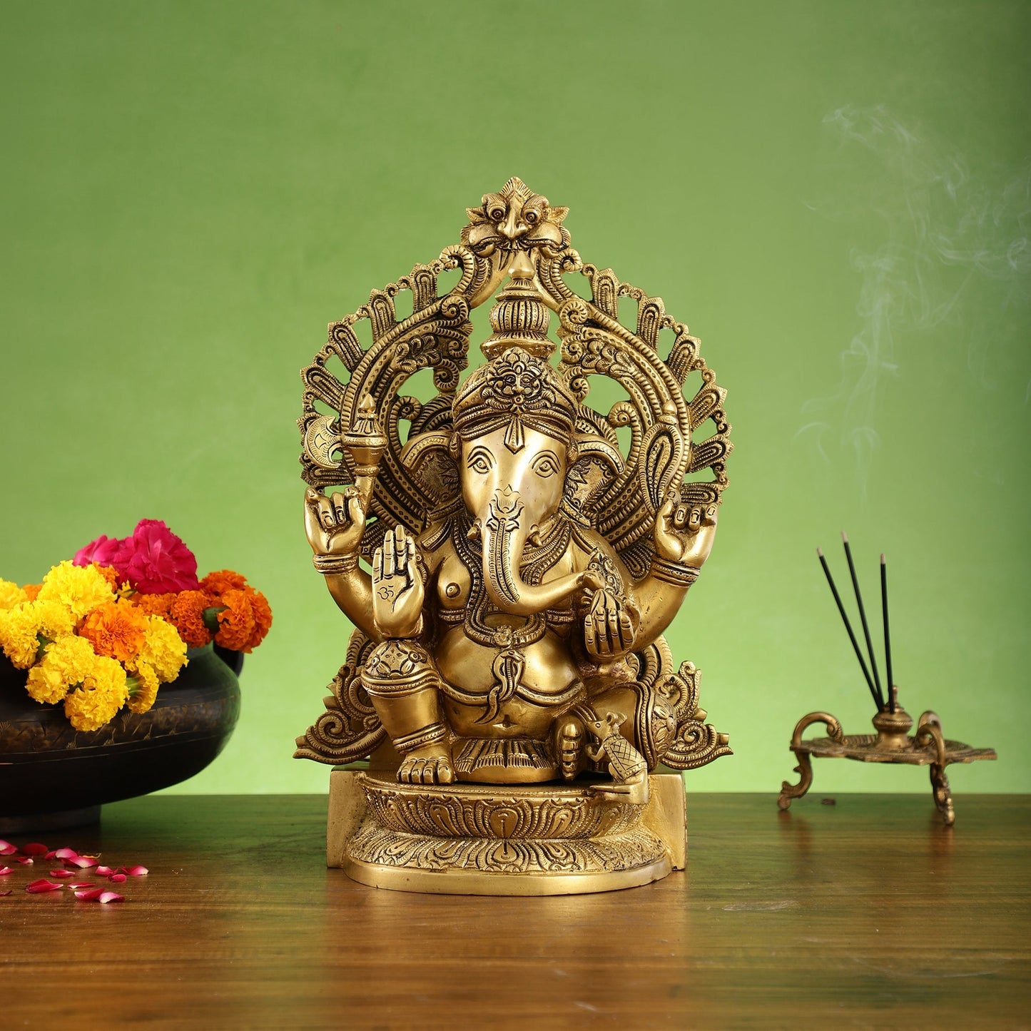 Elegant Brass Lord Ganesha Statue with Frame - 15 inch
