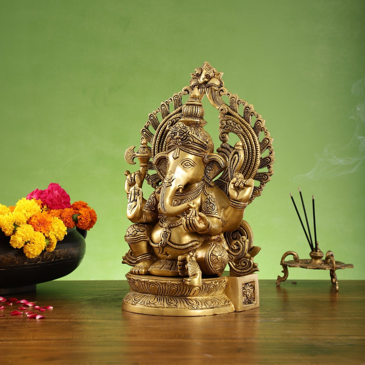 Elegant Brass Lord Ganesha Statue with Frame - 15 inch