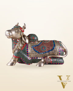 Elegant Brass Nandi Statue with Intricate Stonework 21"