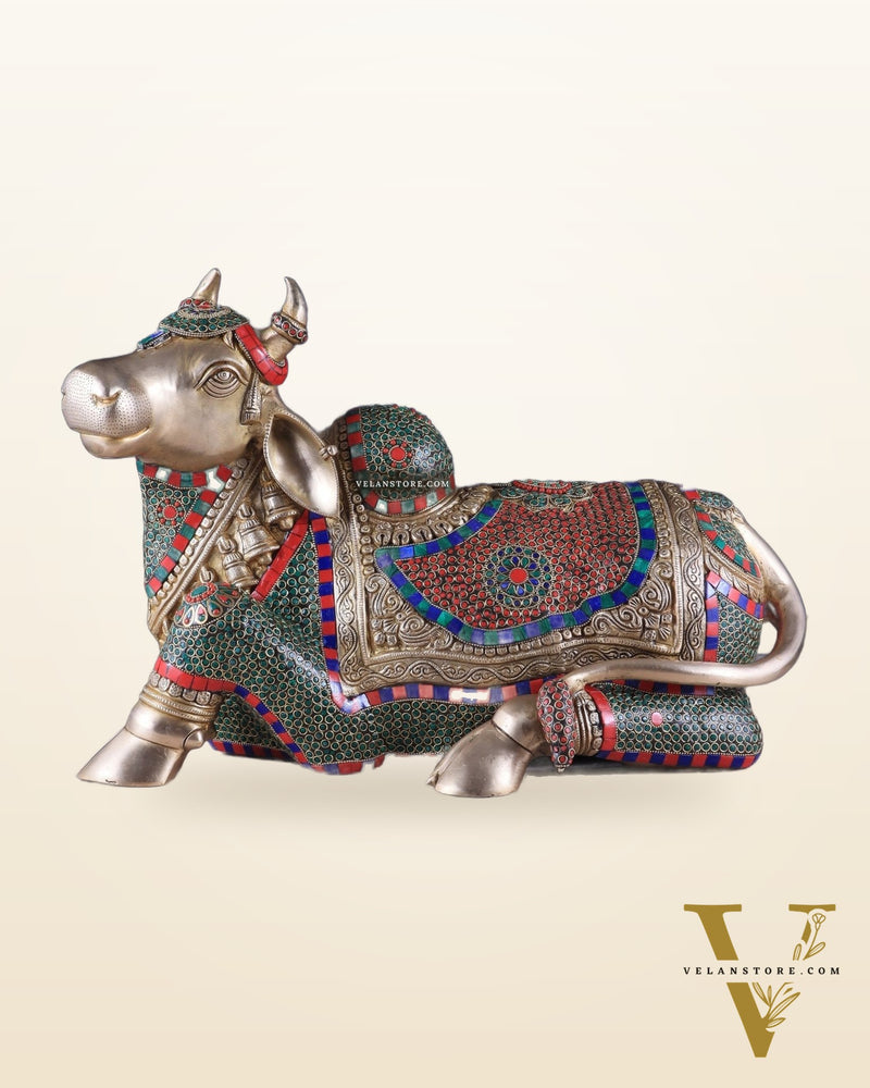 Elegant Brass Nandi Statue with Intricate Stonework 21"