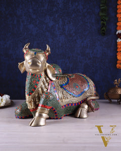 Elegant Brass Nandi Statue with Intricate Stonework 21"