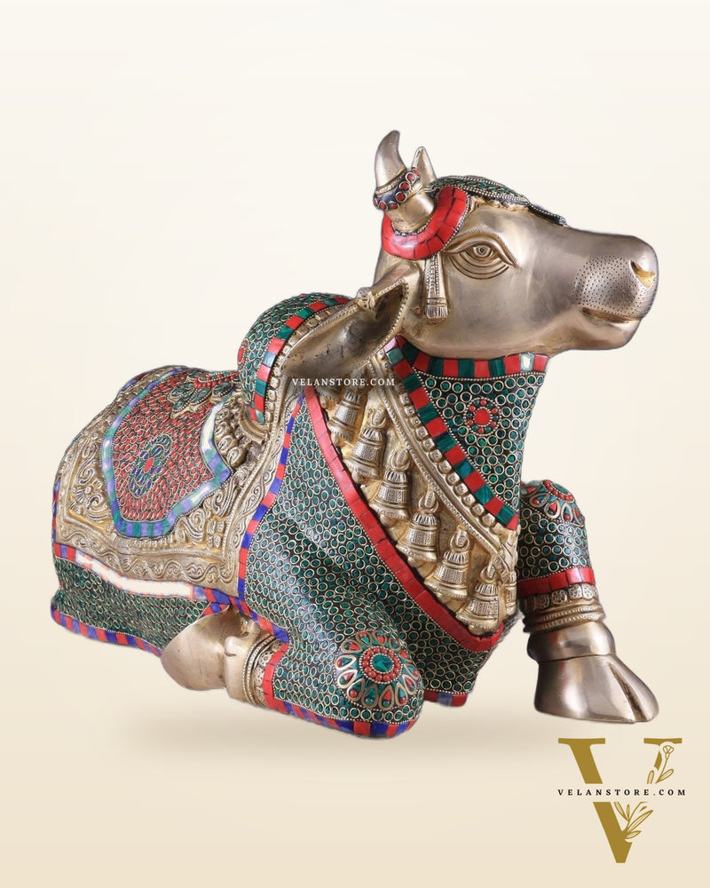 Elegant Brass Nandi Statue with Intricate Stonework 21"