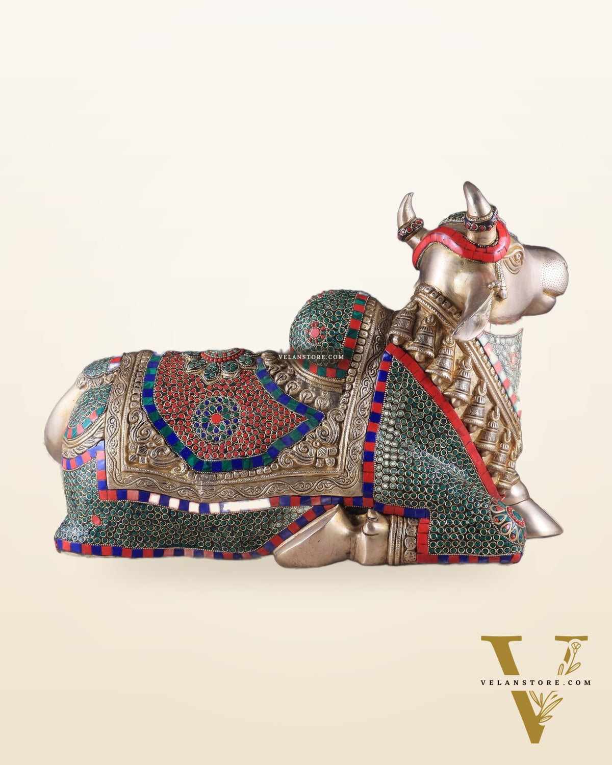 Elegant Brass Nandi Statue with Intricate Stonework 21"